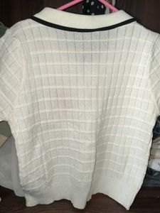 Cream Collared Knit Top with Ribbon Detail