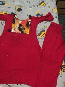 Red Kurta Set with Embellished Neckline