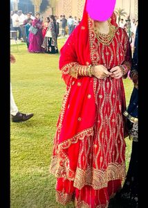 Red &amp; Gold Embroidered Anarkali Suit