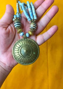 Bohemian Bone Beaded Necklace with Brass Pendant