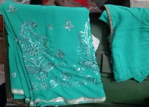 Teal Embroidered Saree with Blouse