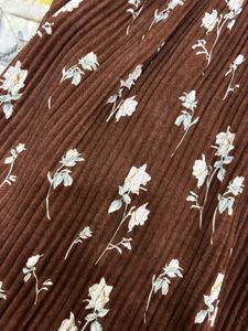 Brown Floral Pleated Midi Skirt