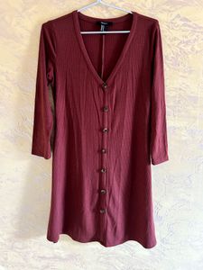 Ribbed Maroon Button-Up Dress