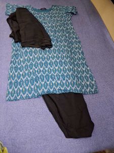 Teal Blue Printed Kurta with Black Palazzo and Dup