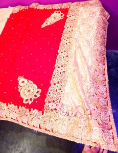 Beautiful Heavy Braidal Red Embellished Saree