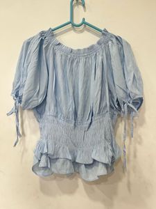 Light Blue Smocked Puff Sleeve Top