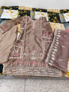 Embroidered Brown Kurta Set with Dupatta