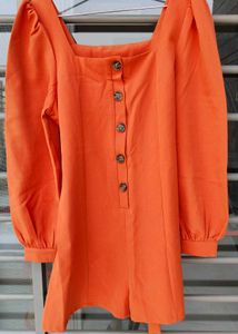 Orange Puff Sleeve Button-Up Dress