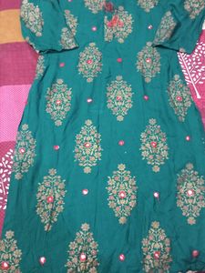 Elegant Teal Kurti with Gold &amp; Red Floral Print