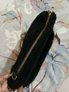 Black Faux Fur Sling Bag with Gold Chain