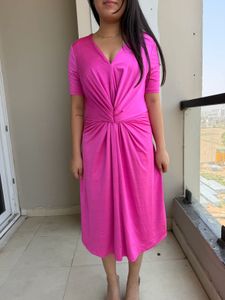 Vibrant Pink Twist Front Midi Dress