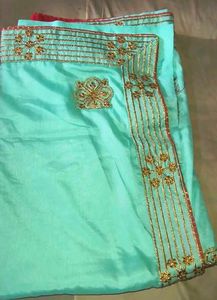 Beautiful Teal Saree with Gold Embroidery