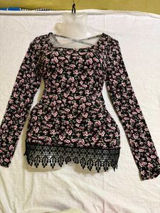 Floral Print Long Sleeve Top with Lace Trim