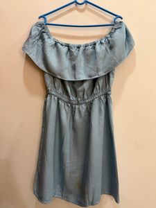 Promod Light Blue Off-Shoulder Chambray Dress