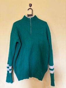 unisex Green Zip-Up Knit Sweater with Stripes