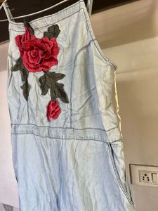 Denim Overalls with Floral Detail