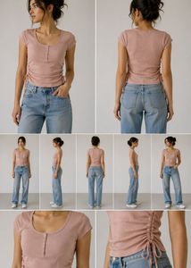 Pink Ruched Drawstring Ribbed Top