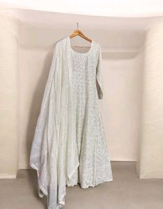 White Anarkali Gown with Dupatta