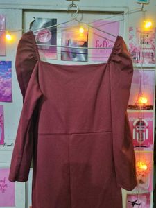New Maroon Puff Sleeve Square Neck Dress