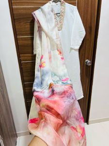 White Kurta Set with Floral Dupatta