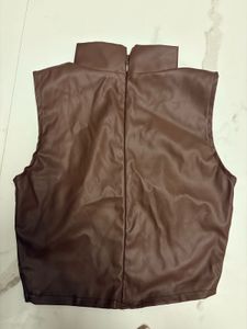 Brown Faux Leather Mock Neck Top