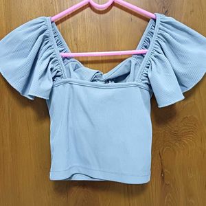 Littlebox Dusty Blue cropped vest ruffle top