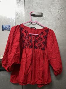 Red Embroidered Boho Style Kurta Top