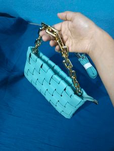 Light Blue Woven Clutch with Gold Chain