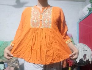 Vibrant Orange Embroidered Kurta Top