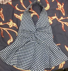 Black &amp; White Gingham Halter Neck Peplum Top