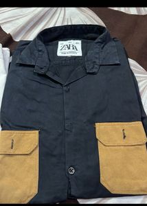 Zara Black Shirt with Tan Pockets
