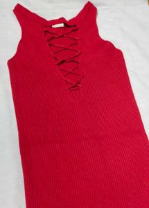 URBANIC Red Lace-Up Knit Dress