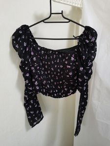 Black Floral Print Crop Top