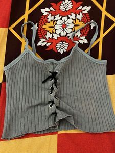 Grey Lace-Up Ribbed Crop Top