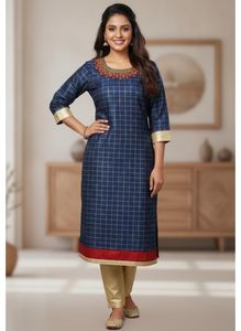 Elegant Blue Kurta with Golden Grid