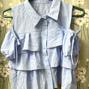 off shoulder baby blue feminine collar top