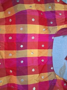 Vibrant Plaid Blouse with Gold Dots