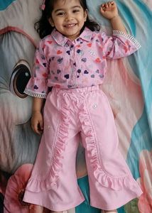 Cute Pink Girls Cotton Co-ord Set | Heart Print Sh