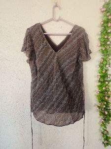 Sheer Brown Patterned V-Neck Top