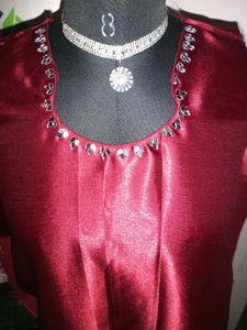 Maroon Satin Fabric with Mirror Work