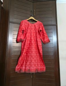 Women Red Tussar Silk Printed Kurta
