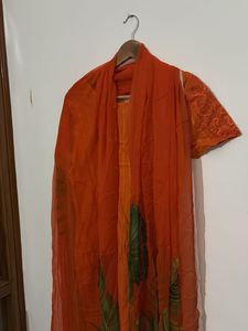 Vibrant Orange Kurta Set with Leaf Print
