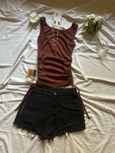 Ribbed Ruched Tank Top &amp; Distressed Shorts