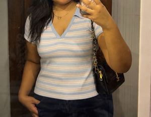 Striped V-Neck Polo T-Shirt