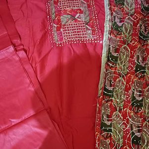 unstitched Red Kurta Set with free earring