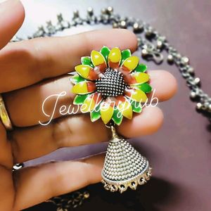 Pure German Silver Meenakari Jhumka With Ear Chain