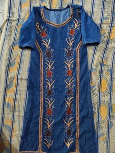 Embroidered Denim Kurta
