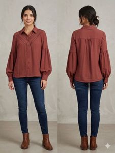 Stylish Balloon Sleeve Button-Up Top
