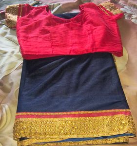 Navy Blue Saree with Embellished Blouse