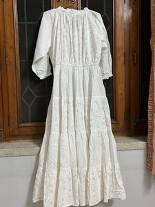 White Tiered Maxi Dress with Gold Print